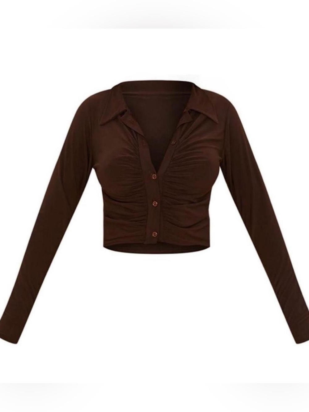 PrettyLittleThing Brown Ruched Button-Front Crop Shirt